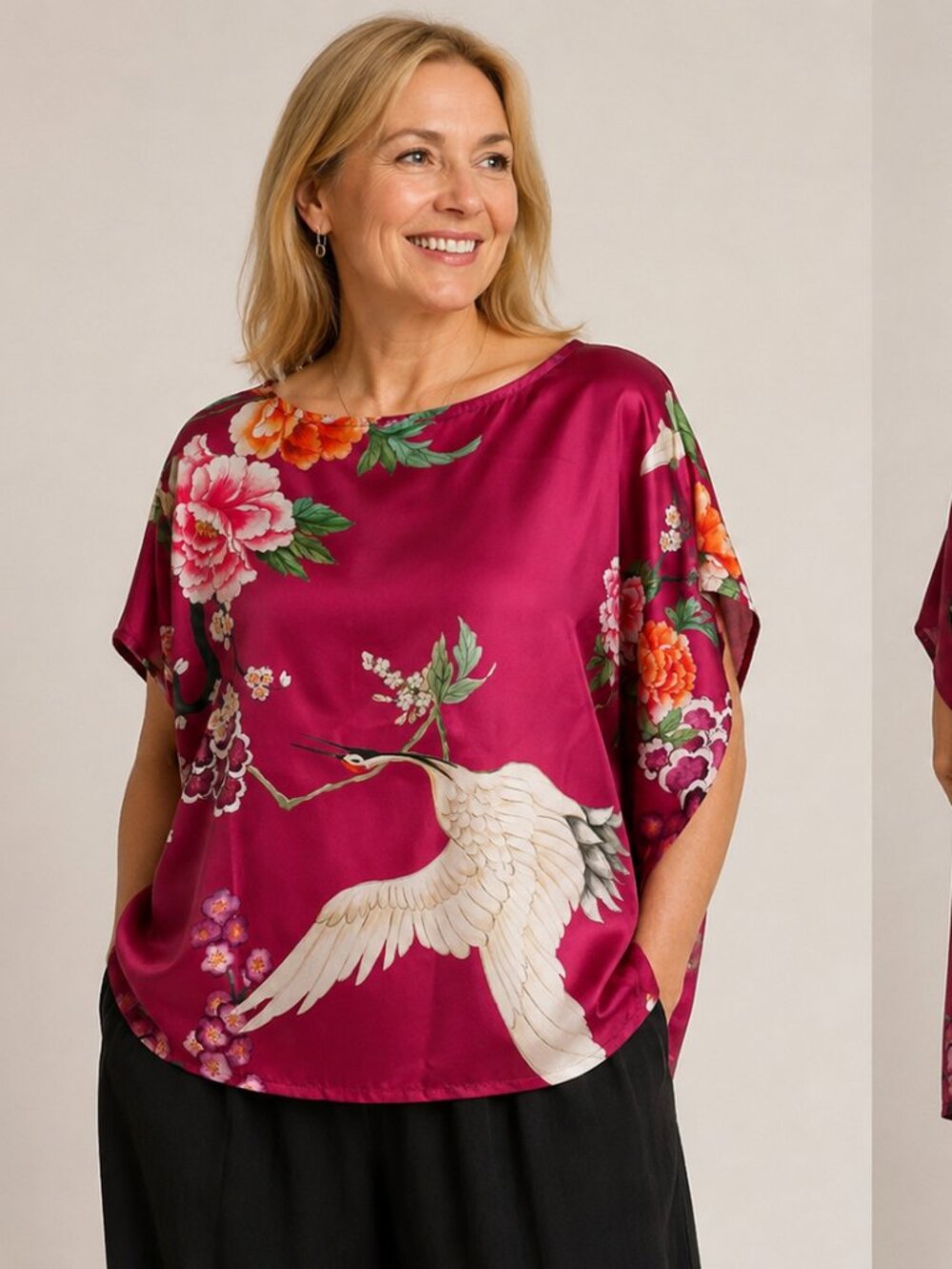 Bryn Walker Boxy Loose-Fit Silk Top – Crane & Floral Print – Size 2X – NWT $195
